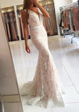 Lace Sweep Train Trumpet/Mermaid Sleeveless V-Neck Covered Button Prom Dress With Waistband - dennisdresses