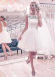 Lace Tulle Wedding Dress Ball Gown Sleeveless Bateau Short/Mini With Sashes - dennisdresses