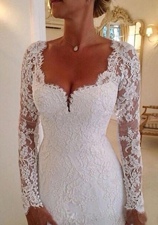Lace Wedding Dress A-Line/Princess Scalloped Neck Court Train - dennisdresses