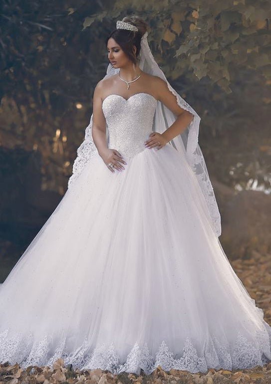 Lace Wedding Dress A-Line/Princess Strapless Court Train With Beaded - dennisdresses