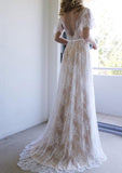Lace Wedding Dress A-Line/Princess V-Neck Court Train - dennisdresses