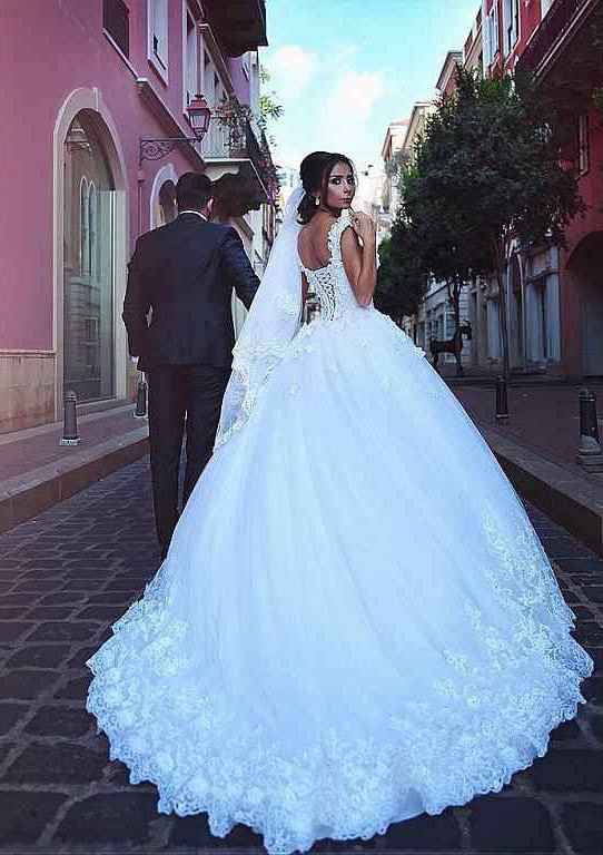 Lace Wedding Dress Ball Gown V Neck Sleeveless Chapel Train With Appliqued - dennisdresses