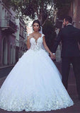 Lace Wedding Dress Ball Gown V Neck Sleeveless Chapel Train With Appliqued