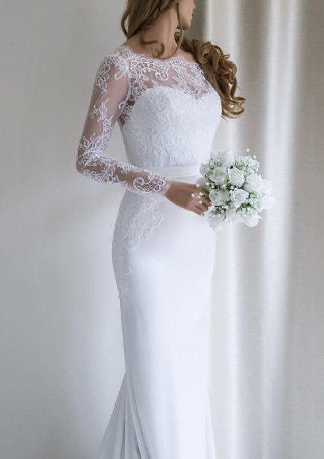 Lace Wedding Dress Sheath/Column Bateau Court Train - dennisdresses