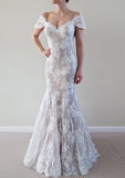 Lace Wedding Dress Sheath/Column Off-The-Shoulder Sweep Train