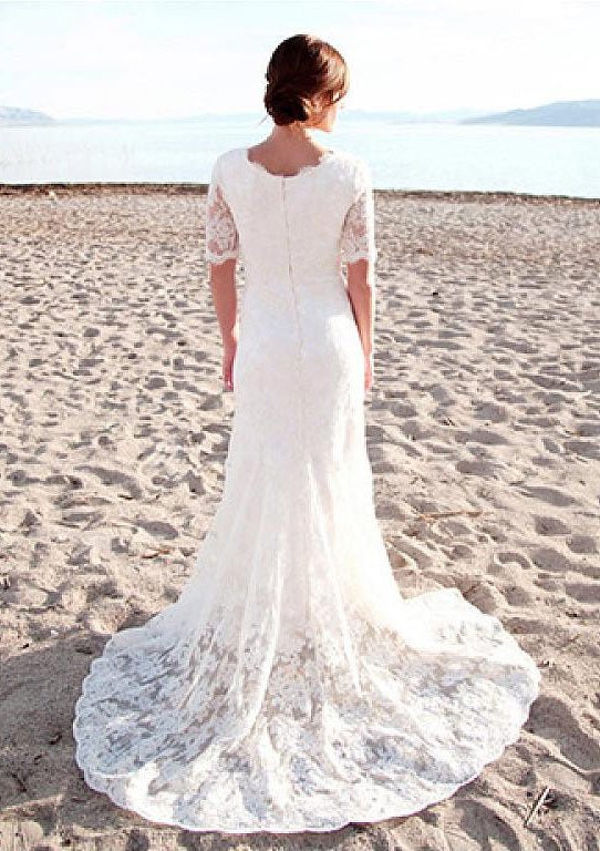 Lace Wedding Dress Sheath/Column Scalloped Neck Court Train - dennisdresses