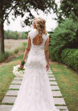 Lace Wedding Dress Sheath/Column Scoop Neck Court Train - dennisdresses