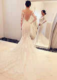 Lace Wedding Dress Trumpet/Mermaid Off-the-Shoulder Full/Long Sleeve Chapel Train With Appliqued - dennisdresses
