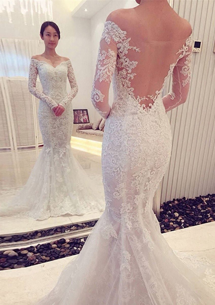 Lace Wedding Dress Trumpet/Mermaid Off-the-Shoulder Full/Long Sleeve Chapel Train With Appliqued - dennisdresses