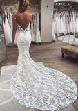 Lace Wedding Dress Trumpet/Mermaid Sleeveless V Neck Chapel Train With Appliqued