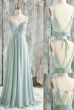 A-Line Bridesmaid Dress V Neck / Spaghetti Strap Sleeveless Sexy Floor Length Chiffon / Lace with Appliques 2022