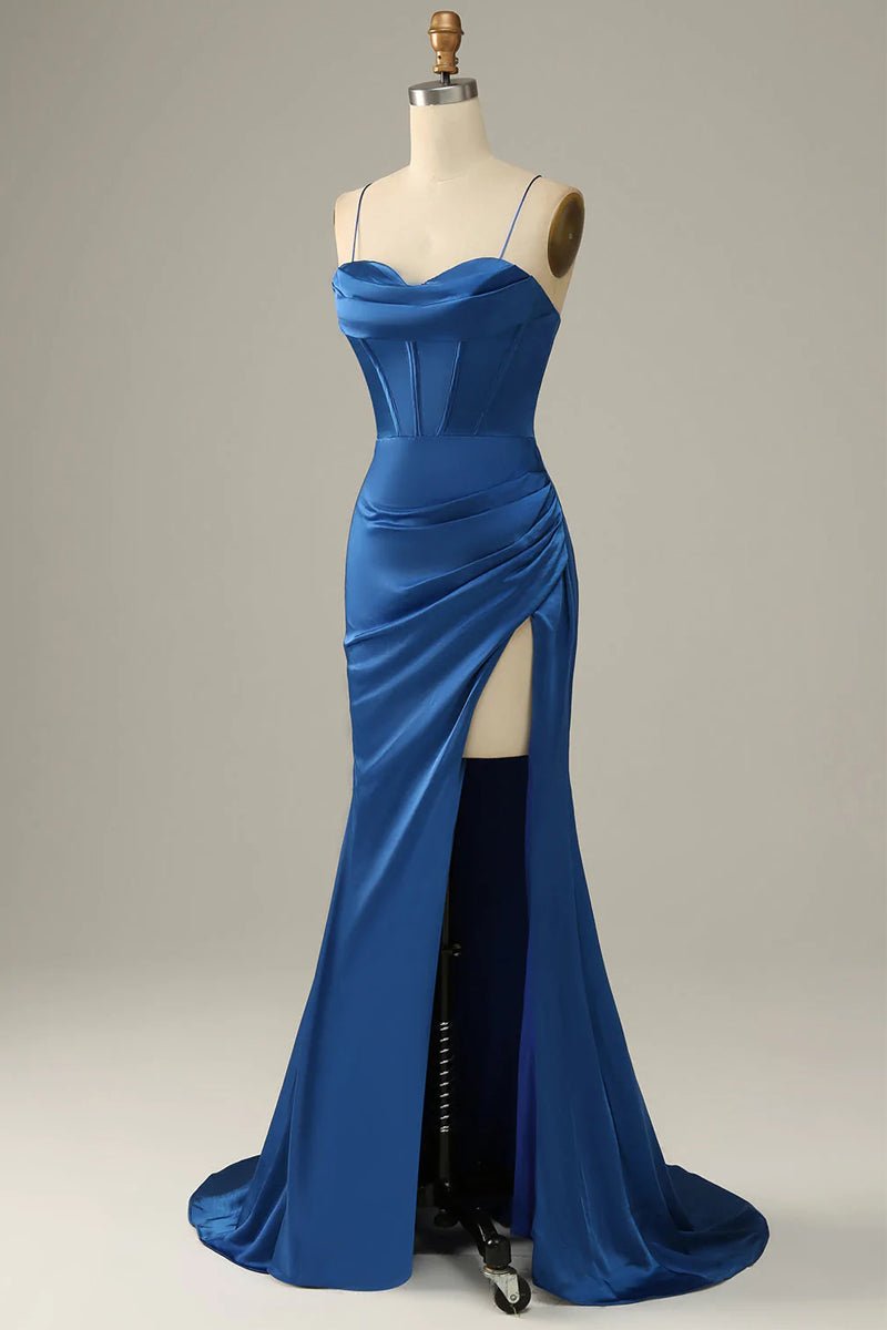Long Spaghetti Straps Royal Blue Mermaid Prom Dress - dennisdresses