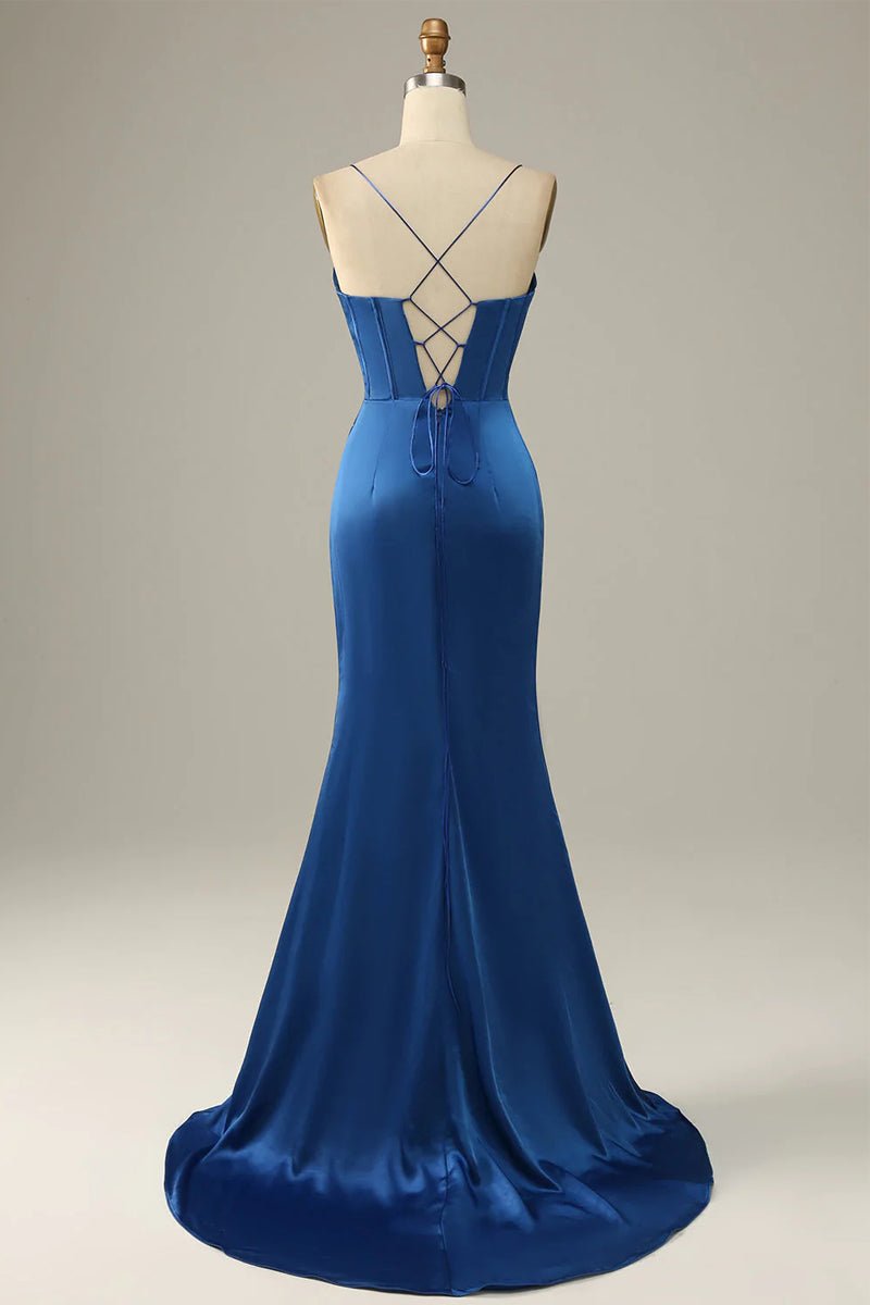 Long Spaghetti Straps Royal Blue Mermaid Prom Dress - dennisdresses