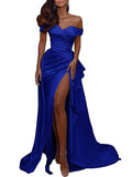 Mermaid / Trumpet Celebrity Style Sexy Prom Formal Evening Dress Off Shoulder Short Sleeve Sweep / Brush Train Italy Satin with Pleats Slit 2023 - dennisdresses
