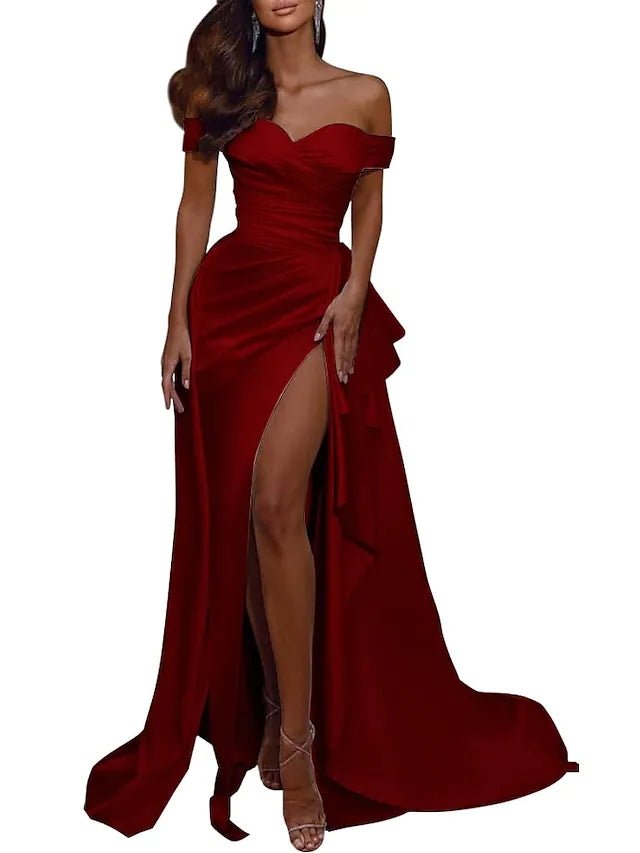 Mermaid / Trumpet Celebrity Style Sexy Prom Formal Evening Dress Off Shoulder Short Sleeve Sweep / Brush Train Italy Satin with Pleats Slit 2023 - dennisdresses