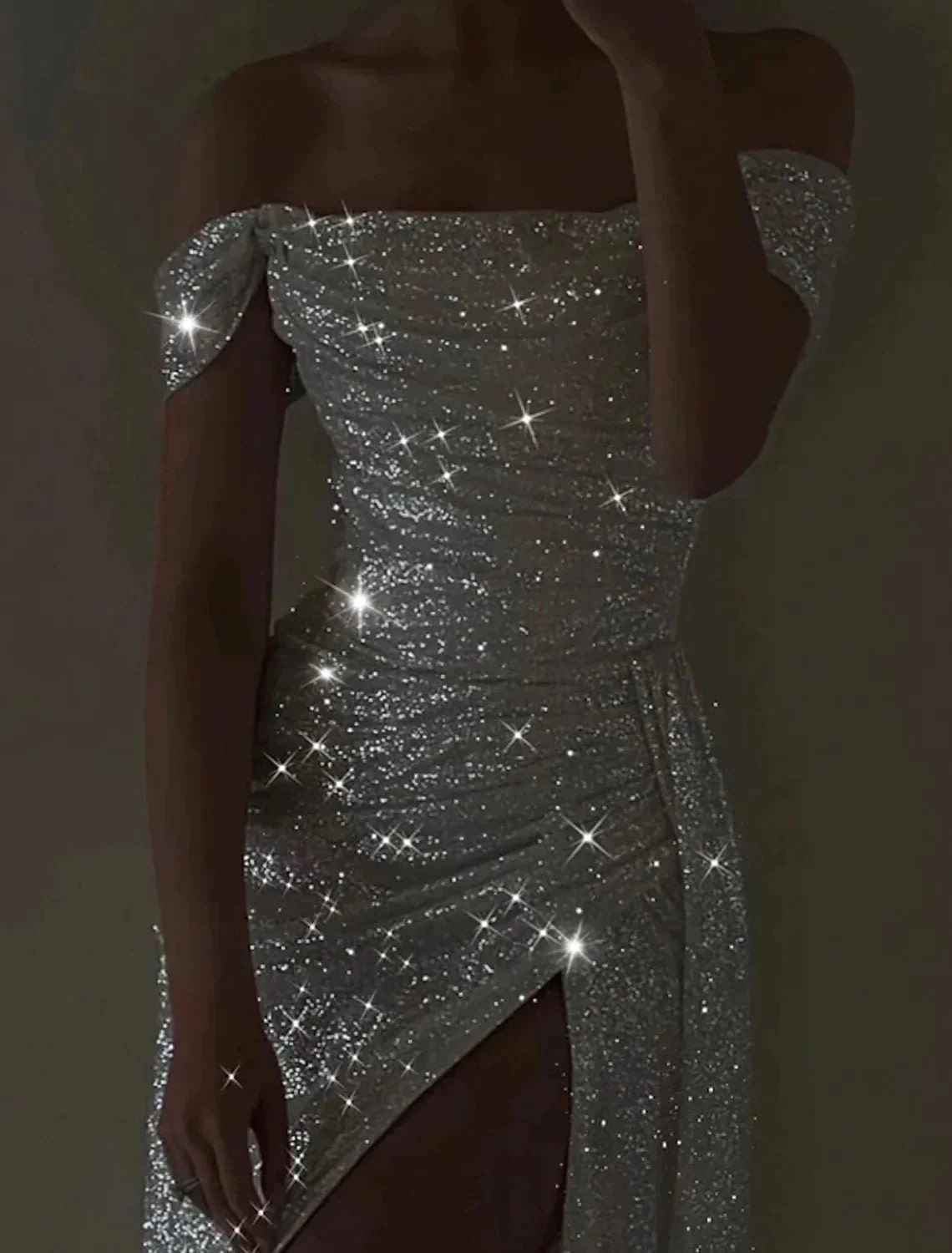 Mermaid / Trumpet Evening Dresses Sparkle & Shine Dress Wedding Dress Party Sweep / Brush Train Short Sleeve Off Shoulder Satin with Slit 2022