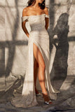 Mermaid / Trumpet Evening Dresses Sparkle & Shine Dress Wedding Dress Party Sweep / Brush Train Short Sleeve Off Shoulder Satin with Slit 2023 - dennisdresses