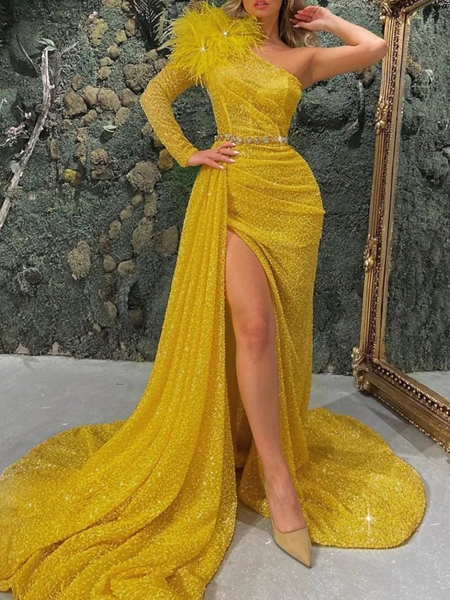 Mermaid / Trumpet Evening Gown Corsets Dress Formal Court Train Long Sleeve One Shoulder Sequined with Feather Sequin Slit 2023 - dennisdresses