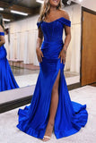 Mermaid / Trumpet Evening Gown Empire Dress Formal Court Train Sleeveless Off Shoulder Imitation Silk with Slit Appliques 2023 - dennisdresses