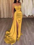 Mermaid / Trumpet Evening Gown Sexy Dress Prom Court Train Sleeveless Strapless Satin with Slit Pure Color 2023 - dennisdresses