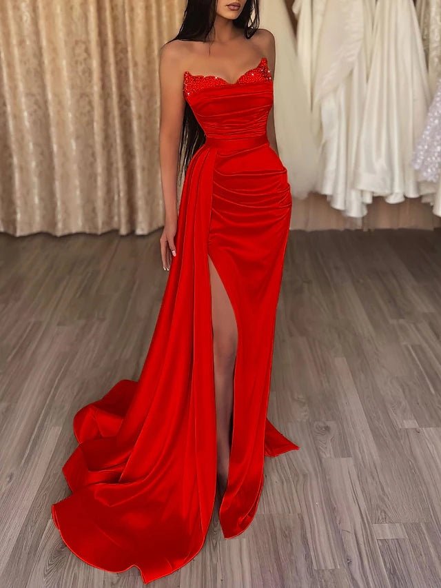 Mermaid / Trumpet Evening Gown Sexy Dress Prom Court Train Sleeveless Strapless Satin with Slit Pure Color 2023 - dennisdresses
