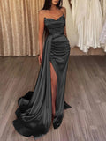 Mermaid / Trumpet Evening Gown Sexy Dress Prom Court Train Sleeveless Strapless Satin with Slit Pure Color 2023