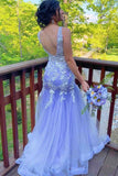 Mermaid / Trumpet Prom Dresses Floral Dress Formal Sweep / Brush Train Sleeveless V Neck Tulle with Ruffles Appliques 2023 - dennisdresses