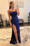Mermaid / Trumpet Prom Dresses Formal Sweep / Brush Train Sleeveless Spaghetti Strap Sequined Backless with Sequin Slit 2023
