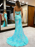 Mermaid / Trumpet Prom Dresses High Split Dress Formal Court Train Sleeveless V Neck Sequined with Slit Appliques 2023 - dennisdresses