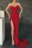 Mermaid / Trumpet Prom Dresses Sexy Dress Christmas Sweep / Brush Train Sleeveless V Neck Sequined with Sequin Slit 2023