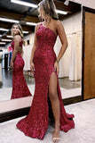 Mermaid / Trumpet Prom Dresses Sparkle & Shine Dress Formal Court Train Sleeveless One Shoulder Sequined with Sequin Slit 2023