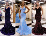 Mermaid / Trumpet Prom Dresses Sparkle & Shine Dress Formal Court Train Sleeveless V Neck Sequined Backless with Sequin 2023 - dennisdresses
