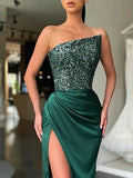 Mermaid / Trumpet Sexy Sparkle & Shine Prom Formal Evening Dress Strapless Long Sleeve Sweep / Brush Train Sequined with Sequin Slit 2023 - dennisdresses