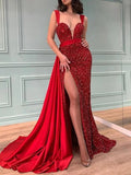 Mermaid / Trumpet Sparkle Sexy Engagement Formal Evening Birthday Dress V Neck Sleeveless Sweep / Brush Train Sequined with Slit 2023