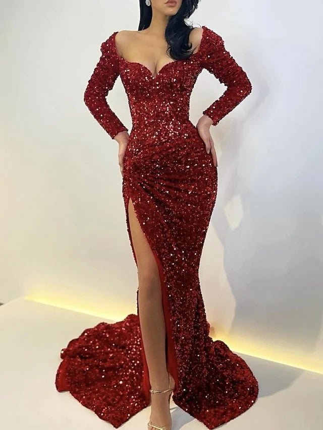 Mermaid / Trumpet Sparkle Sexy Wedding Guest Formal Evening Dress Scoop Neck Long Sleeve Sweep / Brush Train Sequined with Sequin Slit 2023 - dennisdresses