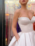 A-Line Prom Dresses Elegant Dress Wedding Guest Tea Length Sleeveless Strapless Satin with Sequin Pure Color 2023