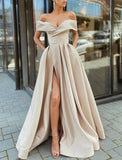 A-Line Prom Dresses Celebrity Style Dress Christmas Floor Length Short Sleeve V Neck Satin with Slit 2023