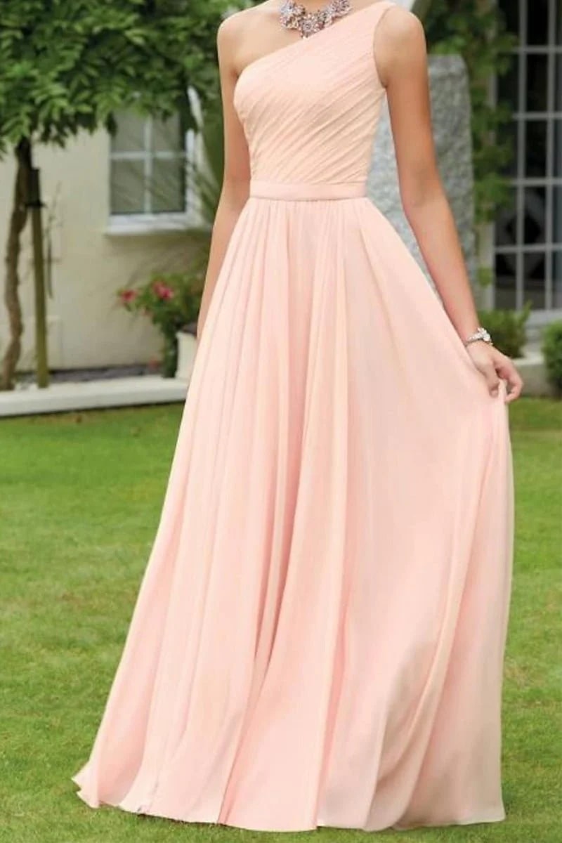 A-Line Bridesmaid Dress One Shoulder Sleeveless Elegant Floor Length Chiffon with Pleats 2023