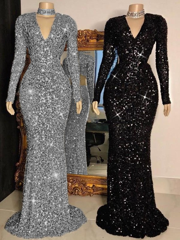 Mermaid / Trumpet Prom Dresses Sparkle & Shine Dress Formal Floor Length Long Sleeve V Neck Sequined with Sequin 2023