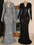 Mermaid / Trumpet Prom Dresses Sparkle & Shine Dress Formal Floor Length Long Sleeve V Neck Sequined with Sequin 2023