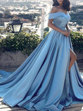 Off Shoulder Prom Dress Ball Gown Long Satin Wedding Dress Formal Evening Gowns for Women with Slit