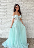 Off-the-Shoulder A-line Long/Floor-Length Tulle Prom Dress With Lace Appliqued - dennisdresses
