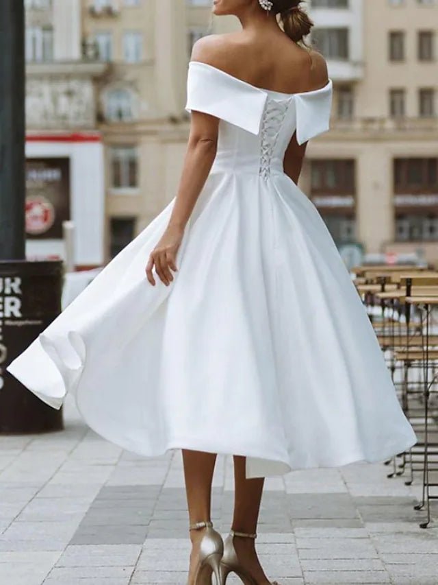 A-Line Wedding Dresses Knee Length Vintage Little White Dresses Short Sleeve Off Shoulder Satin With 2023 Bridal Gowns