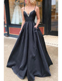 A-Line Prom Dresses Open Back Dress Formal Floor Length Sleeveless V Neck Stretch Satin Backless with Pleats Beading Pocket 2023