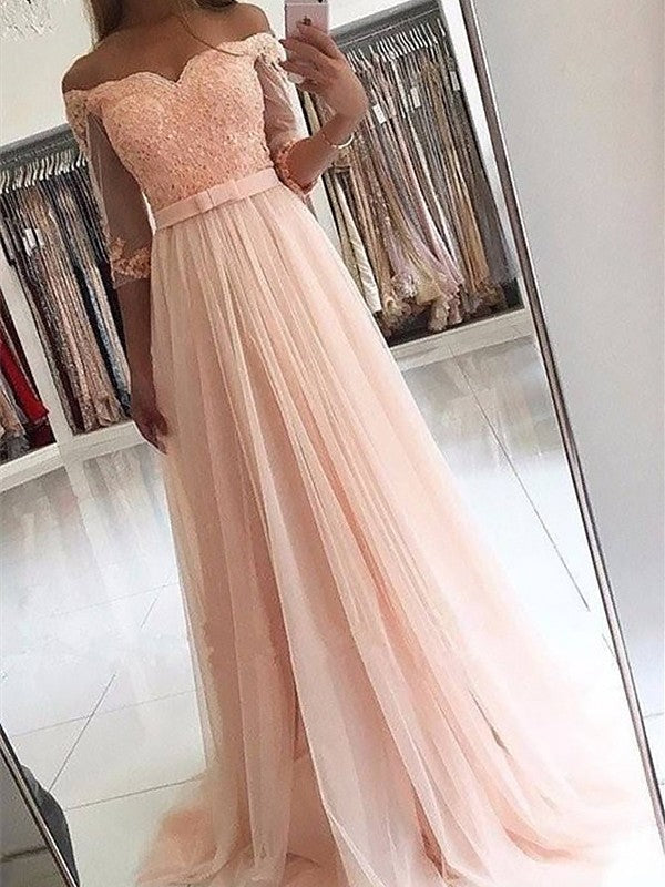 A-Line Evening Gown Princess Dress Pink Formal Long Sleeve Prom Dress