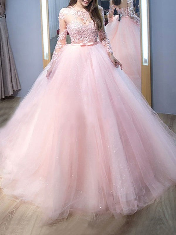 A-Line Prom Dresses Glittering Dress Formal Sweep / Brush Train Long Sleeve Jewel Neck Tulle with Appliques 2023