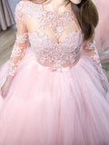 A-Line Prom Dresses Glittering Dress Formal Sweep / Brush Train Long Sleeve Jewel Neck Tulle with Appliques 2023