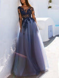 A-Line Evening Gown Elegant Dress Formal Floor Length Long Sleeve Jewel Neck Tulle with Appliques 2023
