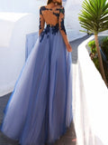 A-Line Evening Gown Elegant Dress Formal Floor Length Long Sleeve Jewel Neck Tulle with Appliques 2023