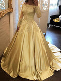 A-Line Prom Dresses Vintage Dress Formal Court Train Long Sleeve Off Shoulder Satin with Pleats Beading Appliques 2023
